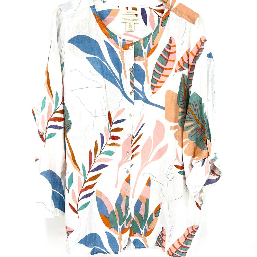 Cynthia Rowley floral convertible sleeve linen tunic top tropical button Size 1X